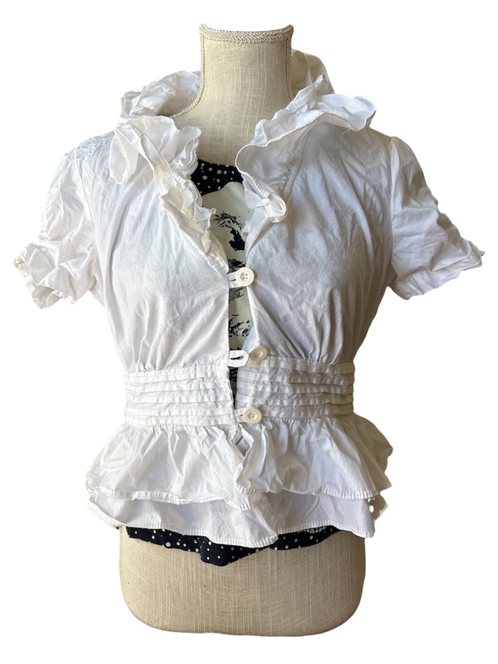 Angel Kiss White Ruffle Button-Front Peplum Blouse
